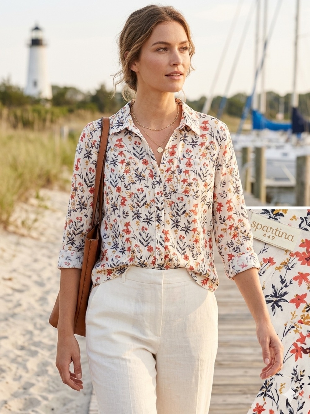 Spartina 449 Button-Down Shirt with Red & Navy Floral Print